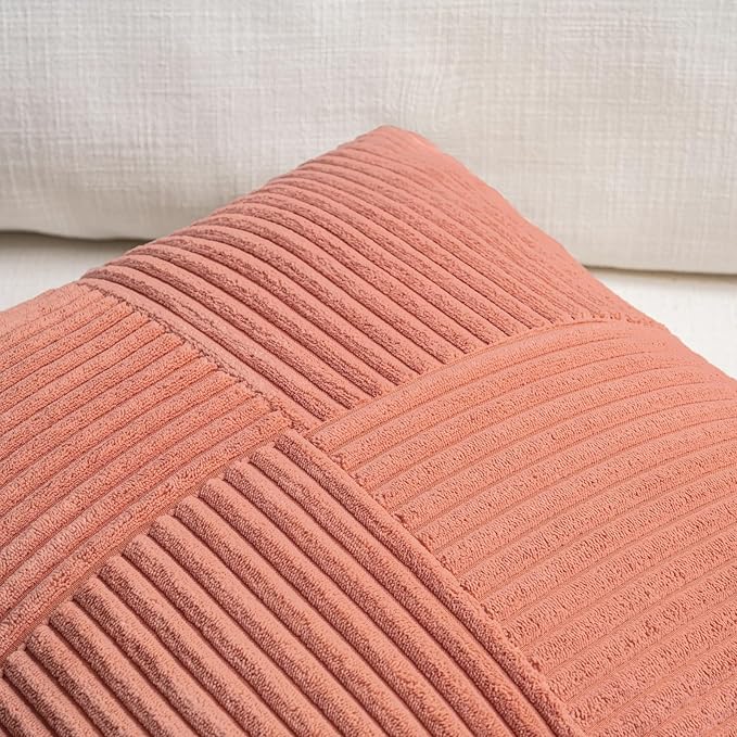 Fancy Homi 2 Packs Coral Big Decorative Throw Pillow Covers 24x24 Inch for Living Room Couch, Rustic Farmhouse Boho Home Decor, Soft Corss Corduroy Patchwork Accent Peach Square Cushion Case 60x60 cm