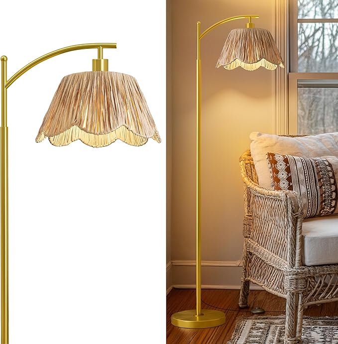 Oneach Arc Floor Lamp for Living Room,Rattan Boho Floor Lamp with Hand-Woven Wicker Shade, Foot Switch,Gold Metal Base & Pole,Farmhouse Standing Lamp for Bedroom Corner,Reading
