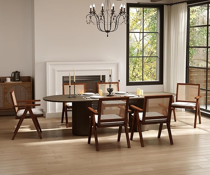 Rattan Dining Chairs Set of 4, Farmhouse Wicker Dining Chairs with Removable Linen Cushion Accent Cane Armchair for Dining Room Kitchen Restaurant, Walnut