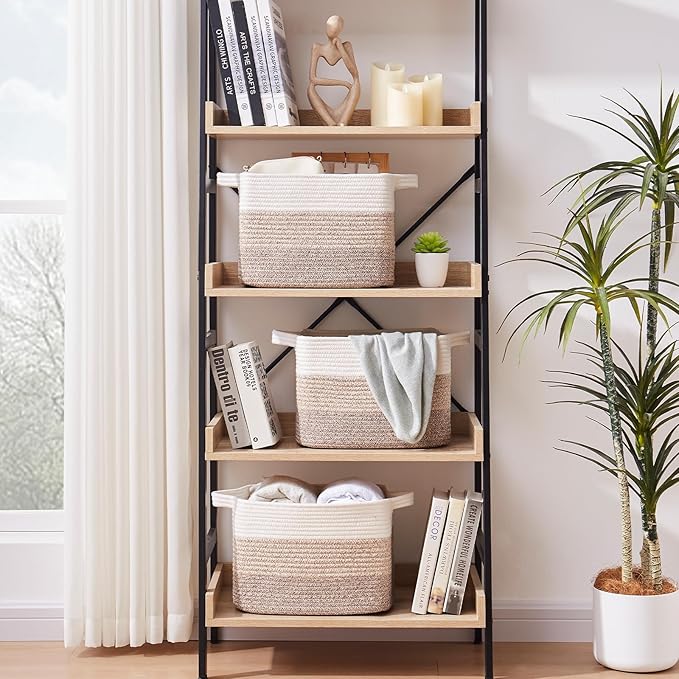 OIAHOMY Storage Basket, Woven Baskets for Storage, Cotton Rope Basket for toys,Towel Baskets for Bathroom - Pack of 3,White Blue