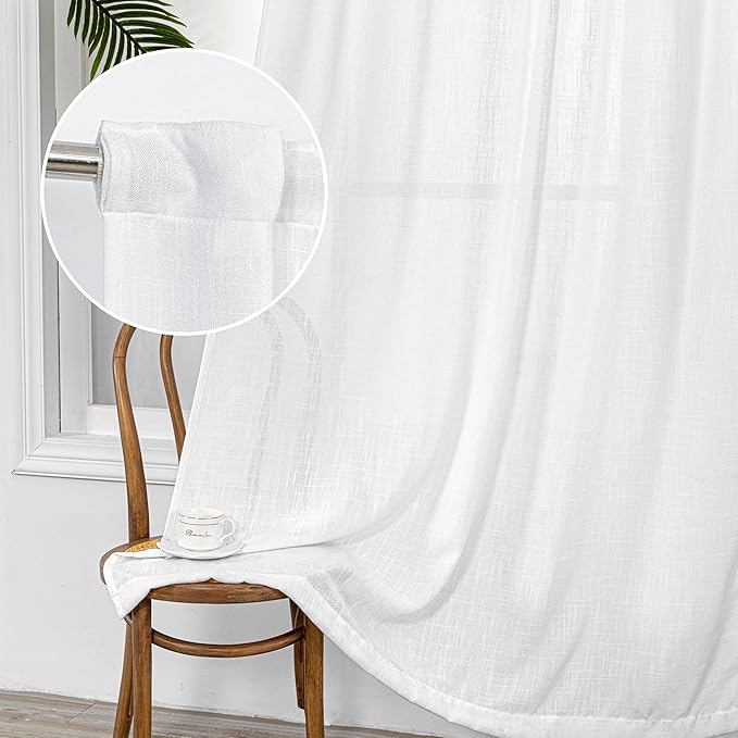 MYSKY HOME White Curtains 84 Inch Length 2 Panels Set, Semi Sheer Cotton Blend Soft Touch Light Filtering Drapes for Doorways Sliding Glass Door, 50" Wide per Panel, White, 2 PCs