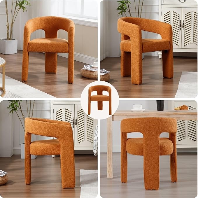 Orange Sherpa Dining Chairs Set of 2, Modern Barrel Dining Room Chairs Upholstered Faux Fur Accent Chair with Arms and Round Back for Living Room Kitchen Armchair No Assembly Needed