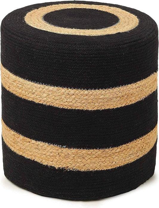 REDEARTH · Cylindrical Pouf Foot Stool Ottoman - Jute Braided Pouffe Poof Accent Sitting Footrest for The Living Room, Bedroom, Nursery, Patio, Lounge & Other Rooms (14.5”x14.5”x16”; Black Natural)