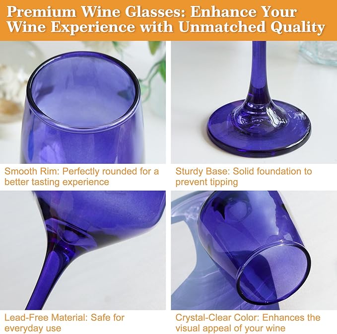 Purple Wine Glasses Set of 6-14oz Long Stem Wine Glass, Pretty Crystal Glassware, Hand Blown Goblets Drinkware, Unique Stemware Wine Glass Holiday Gift Set