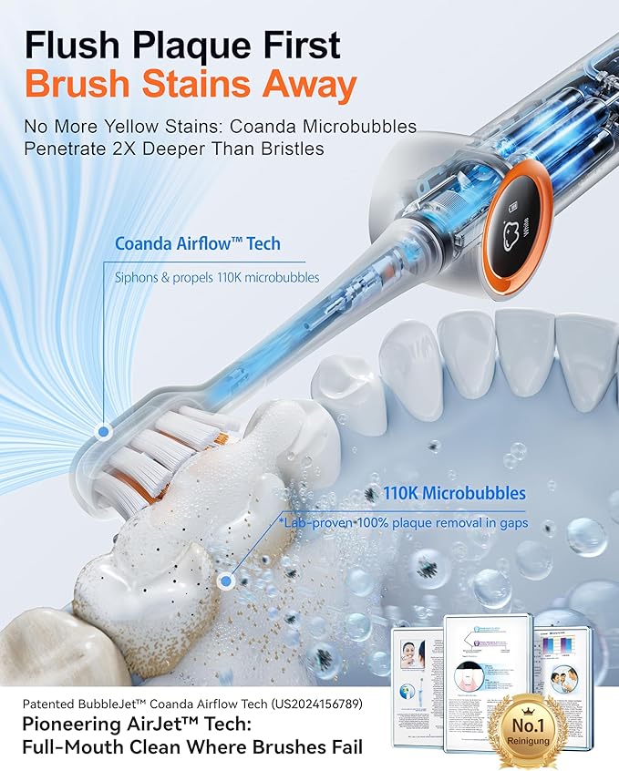 RANVOO [Vibrating & Flossing 2-in-1 AirJet Bubble Sonic Electric Toothbrush, 100% Plaque Removal, Whiter for Adult Protect Gum Orthodontic Teeth Clean Rechargeable Gift with 2 Soft Brush Heads White