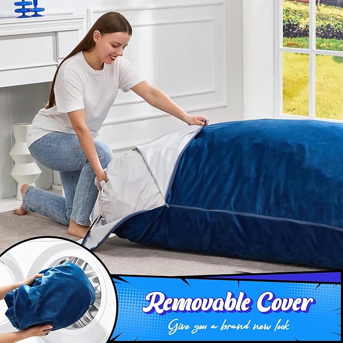 Hobestluk 3 in 1 Bean Bag Chair Giant Bean Bag Chairs for Adults with Velvet Cover Convertible Bean Bag Floor Cushion with Machine Washable Cover for Living Room (Velvet Blue)