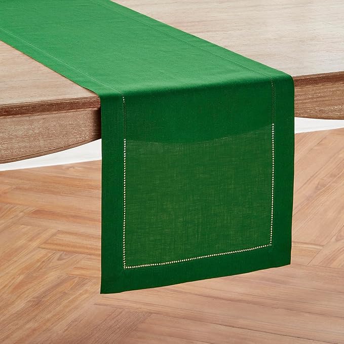 Solino Home Linen Garden Green Table Runner 90 Inches Long - 100% Pure Linen Hemstitch 14 x 90 Inch Table Runner for Dining - Classic Hemstitch