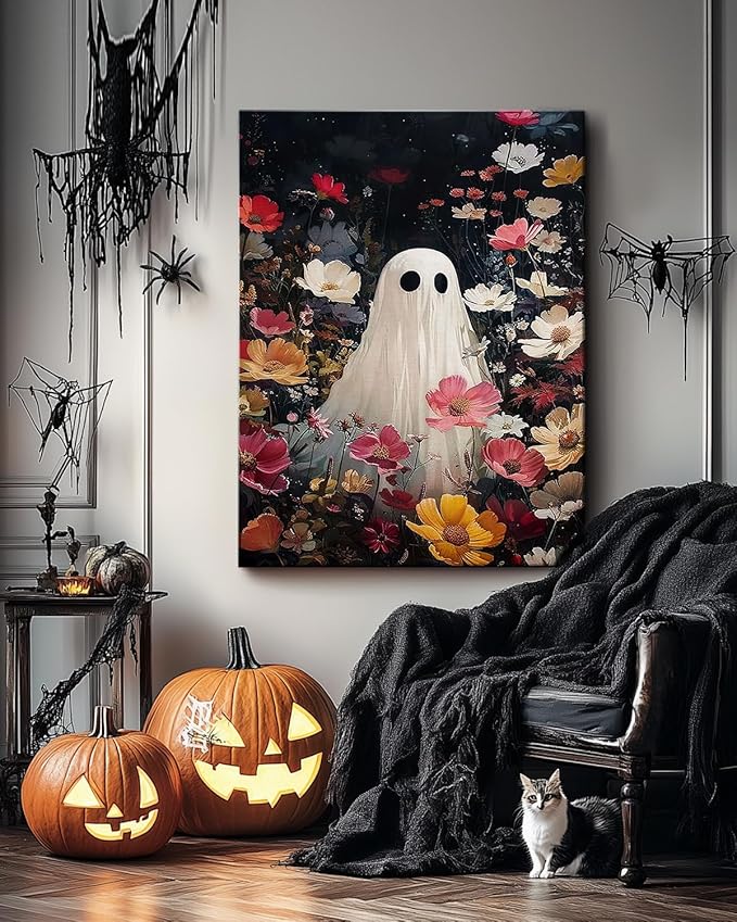 Halloween Canvas Wall Art,Vintage Cute Ghost & Wildflowers Framed Poster, Spooky Fall Decorations for Indoor, Gothic Dark Academia Wall Decor, Funny Halloween Decorations for Living Room Bedroom