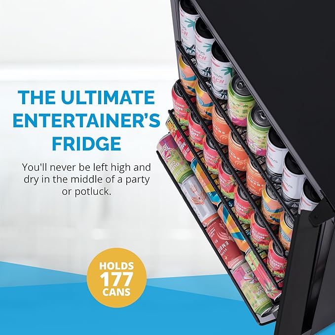 Newair 24" Beverage Refrigerator 177 Can Capacity, Black Stainless Steel Mini Fridge with Built-in Cooler and Glass Door, Cool your Soda, Beer, and Beverages to 37F