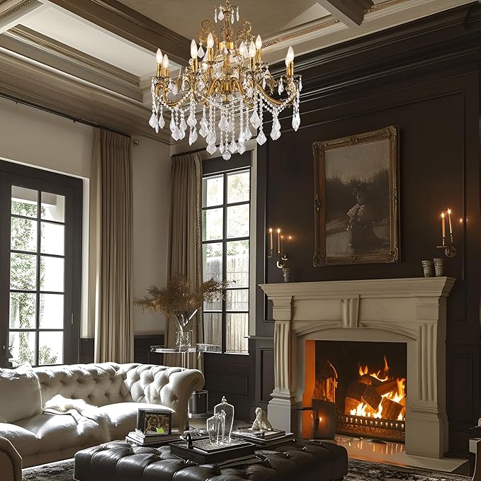 Vintage 8 Arms Crystal Chandelier Candle Light Fixture for Dining Room Living Room Bedroom Hallway Entryway Antique Gold Finish (34"-12 Lights)