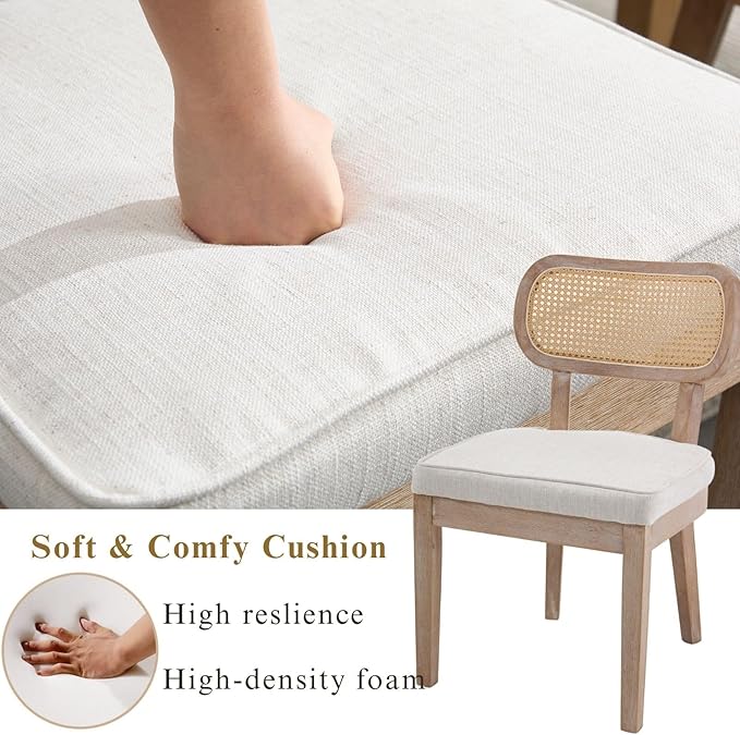 Farmhouse Rattan Dining Chairs Set of 4 Solid Wood Kitchen Chair with Cane Back French Country Upholstered Accent Chair Rustic Armless Side Chairs for Dining/Living Room/Restaurant, Beige
