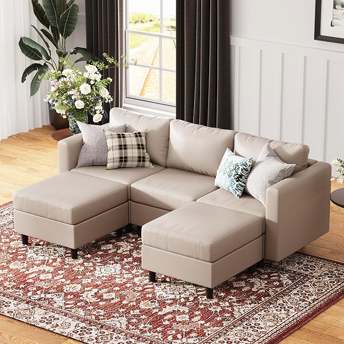 91.5" Faux Leather U Shaped Modular Sectional Sofa, 5 Seater Couch with Movable Ottoman Deep Seat and Storage Seat with Removable Cover for Living Room, Apartment - Whitesand