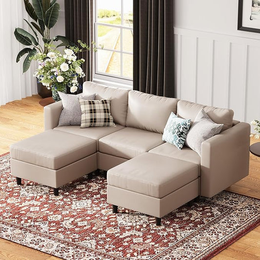 91.5" Faux Leather U Shaped Modular Sectional Sofa, 5 Seater Couch with Movable Ottoman Deep Seat and Storage Seat with Removable Cover for Living Room, Apartment - Whitesand