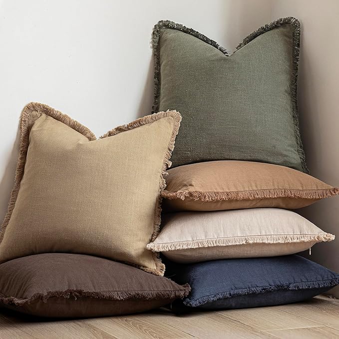 Foindtower Decorative Linen Fringe Throw Pillow Covers Cozy Boho Farmhouse Cushion Cover with Tassels Soft Accent Pillowcase for Chair Sofa Bed Living Room Home Decor, 24×24 Inch, 1PC,Reddish Brown