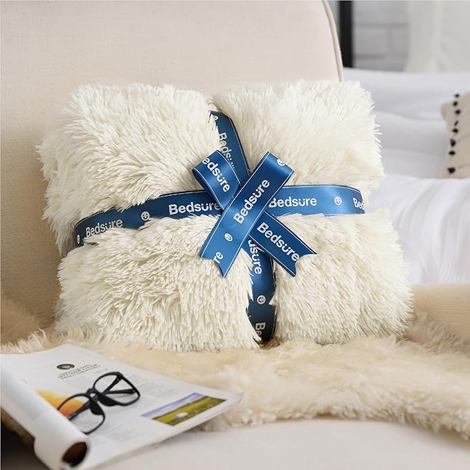 Bedsure GentleSoft Fuzzy Sherpa Faux Fur Twin Blanket Cream Cozy Gifts for Women, Soft Fleece Plush Warm Minky Thick Blanket Twin Size for Bed, Couch, Room Dorm Essentials Cream Decor Gifts, 60x80