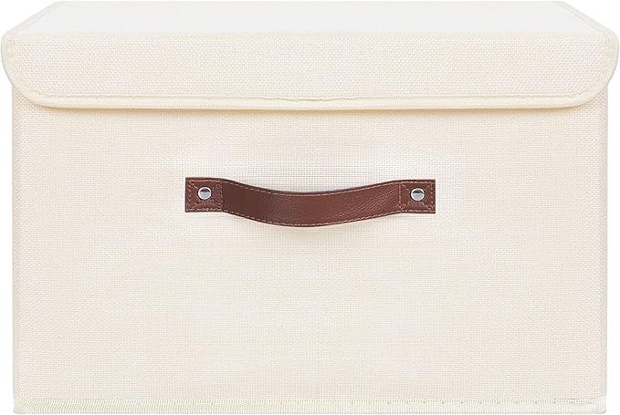 ANMINY Storage Bin with Lid Storage Boxes with PU Leather Handles PP Plastic Board Decorative Foldable Lidded Cotton Linen Fabric Home Cubes Baskets Closet Organizer Container - Beige, Large Size