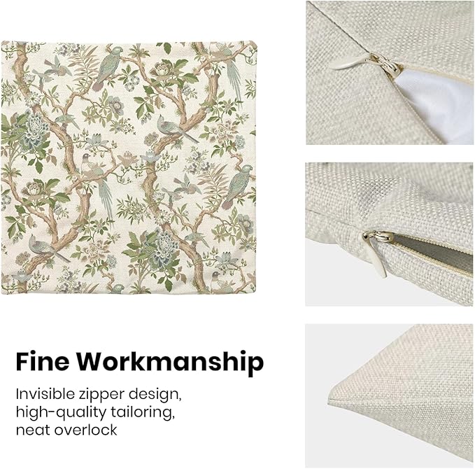 CXMEIFLY Chinoiserie Spring Pillow Covers 20 x 20 Inch Set of 2 for Sage Green Blue Vintage Flowers Bird Decor Throw Pillows Plant Farmhouse Outdoor Decorative Cushion Cases for Couch Bed Decorations