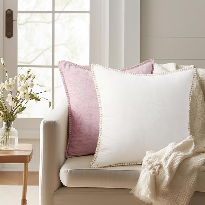 decorUhome Chenille Soft Throw Pillow Covers 22x22 Set of 2, Farmhouse Velvet Neutral Decorative Euro Pillow Covers with Stitched Edge for Couch Sofa Bed Home Decor, Cream White