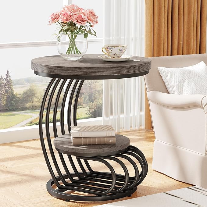 Tribesigns Round End Table: 2 Tiers Wood Side Table Set of 2 with Storage Shelf, Rustic Gray Bedside Nightstand, Accent Table for Living Room, Bedroom