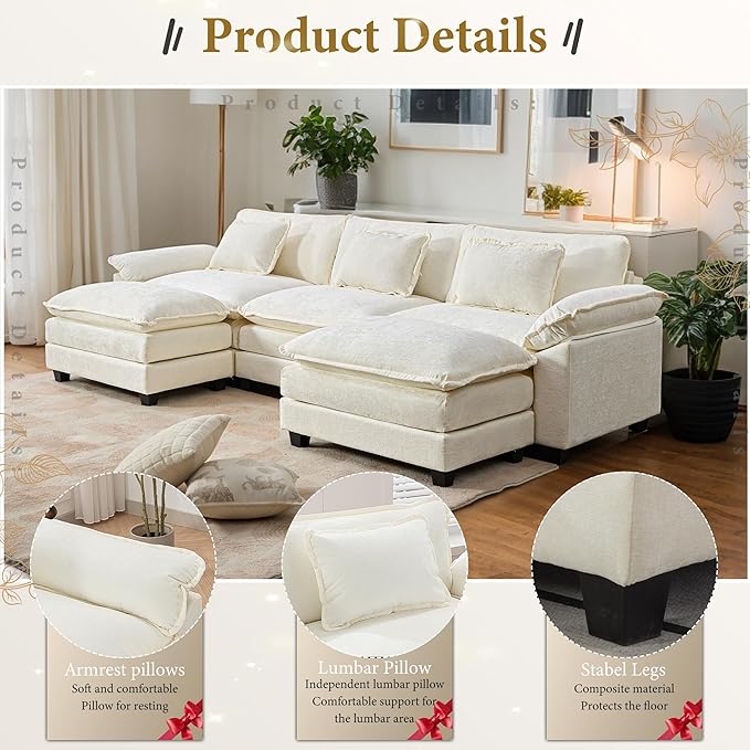 URRED Modular Sectional Sofa Comfy Cloud Couch, Modern Chenille Sofa Sleeper Deep Seat Couches with Ottoman/Pillows for Living Room (White, 117'' - U Shape)