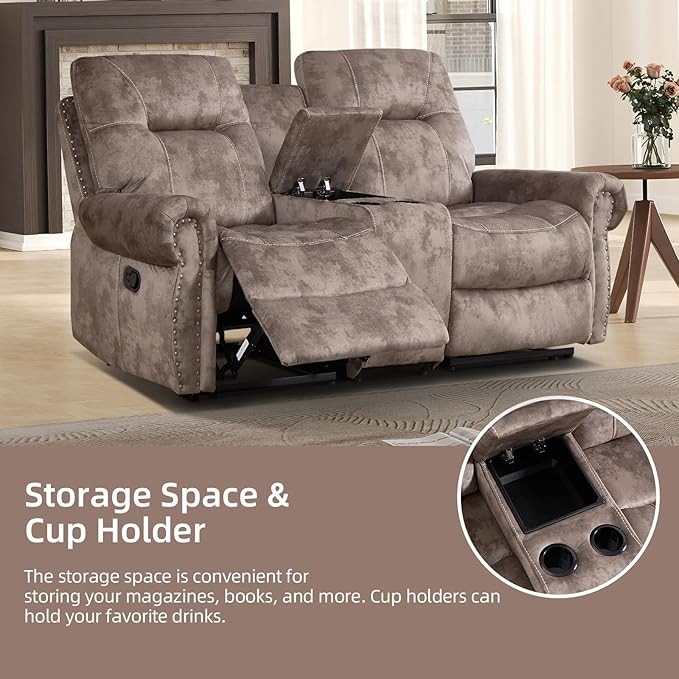 EBELLO Manual Recliner Loveseat Sofa, 2 Seater Reclining Couch Chair with Center Console, Hidden Storage and Cup Holders, Vintage Rivet Mid-Century Design for Living Room, Meeting Room, Brown
