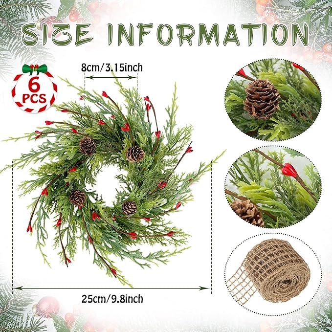 6 Pcs 9 Inch Christmas Wreaths for Kitchen Cabinet Artificial Cedar Pine Hanging Wreath with Red Berries Pine Needles for Front Door Xmas Swag Wreaths for Christmas Winter Farmhouse Home Decorations