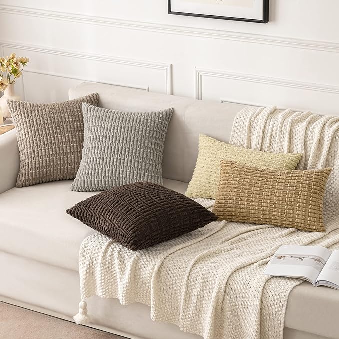 MIULEE Pack of 2 Corduroy Decorative Throw Pillow Covers 20x20 Inch Soft Boho Striped Pillow Covers Modern Farmhouse Home Decor for Sofa Living Room Couch Bed Light Brown