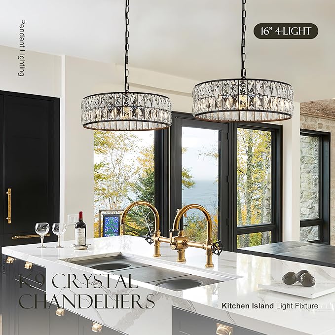 16” 4-Light Modern Crystal Chandeliers Black Dinning Room Light Fixture, Round Pendant Light Kitchen Island Chandelier, Flush Mount Ceiling Light for Living Room Entryway Bedroom Foyer
