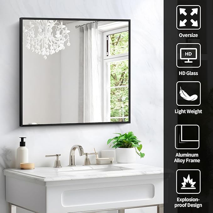 Black Bathroom Mirror for Wall, 30x30 Inch Rectangle Mirrors with Metal Frame, Modern Vanity Wall Square Mirror for Bathroom Living Room, Entryway Hangs Horizontal or Vertical