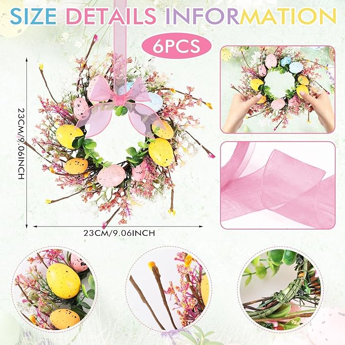 6 Pcs Easter Egg Candle Rings Wreaths Mini Artificial Spring Easter Egg Berry Wreath for Front Door Hanging Kitchen Cabinet Wreath with Ribbon for Porch Wall Window Farmhouse Decor
