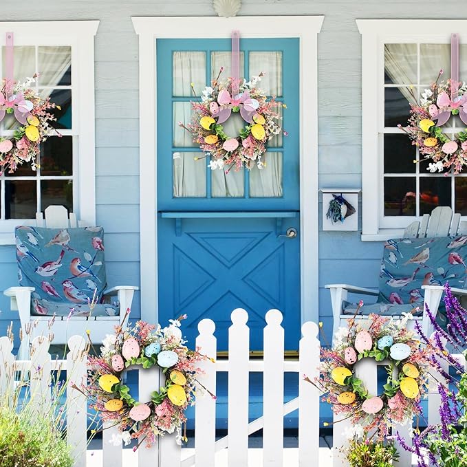 6 Pcs Easter Egg Candle Rings Wreaths Mini Artificial Spring Easter Egg Berry Wreath for Front Door Hanging Kitchen Cabinet Wreath with Ribbon for Porch Wall Window Farmhouse Decor