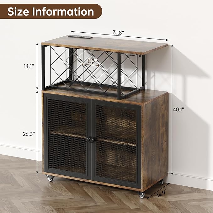 Wine Bar Cabinet with Wheels, 4-Tier Bar Cart with Power Outlets and LED Light, Liquor Cabinet Home Mini Bar with Wine Rack, Coffee Bar Cabinet for Liquor, Rustic Brown