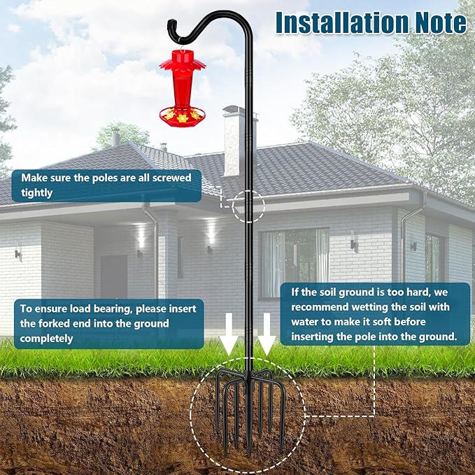 Gtongoko Shepherds Hook for Outdoor, 76 Inch Bird Feeder Pole with 7 Prongs Base, 3/4 Inch Thick Heavy Duty Adjustable Garden Hook for Hanging Plant, Hummingbird Feeder, Lantern, 2 Pack