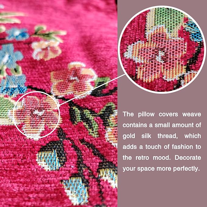 Set of 2 Red Vintage Embroidered Throw Pillows Covers 18x18in Sofa Couch,Red Floral Embroidered Cushion Cover for Sofa Bed Chairs Car