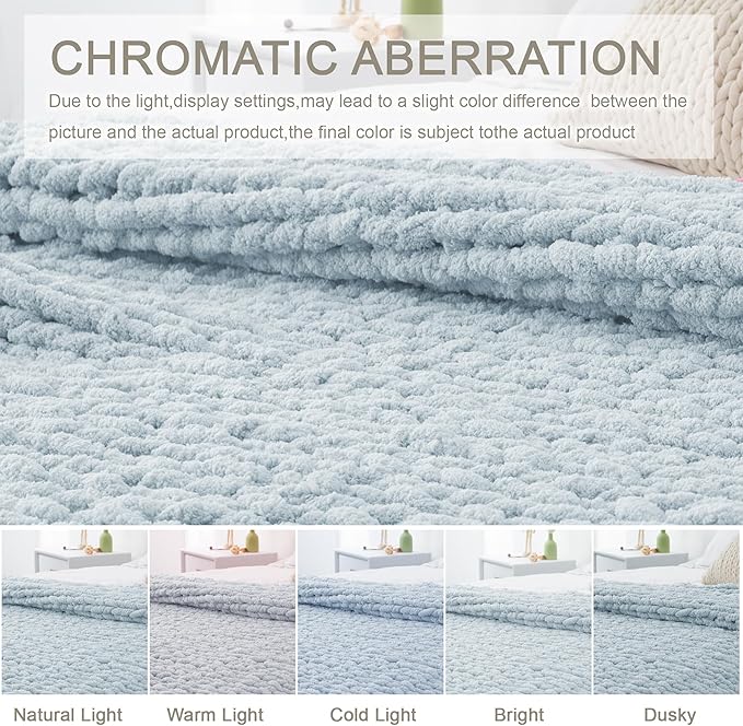 Chunky Knit Throw Blanket 50"X 60", 100% Handmade with Soft Chenille Yarn, 4.4lbs Thick Cable Knitted Blankets, Large Rope Knot Crochet Throws for Couch Sofa Bed Home Decor, Baby Blue