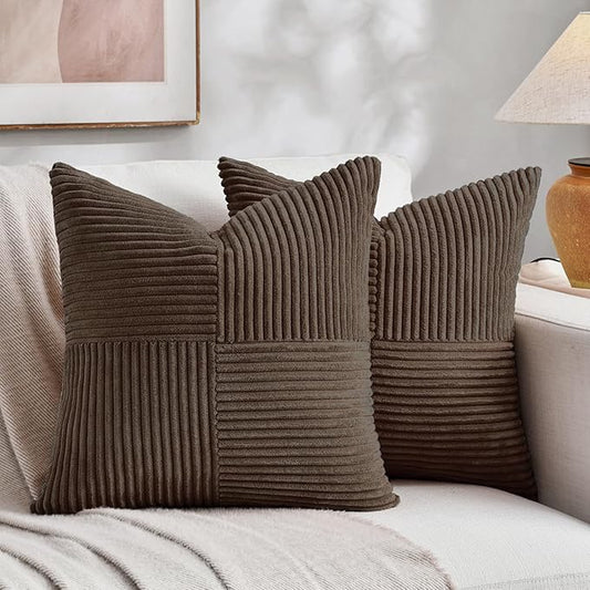 Fancy Homi 2 Packs Dark Brown Decorative Throw Pillow Covers 20x20 Inch for Living Room Couch Bed Sofa, Rustic Farmhouse Boho Home Decor, Soft Corss Corduroy Patchwork Accent Cushion Case 50x50 cm