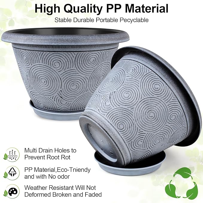 10 Inch Flower Pots Planters for Indoor Outdoor Plants, 3 Pack Plastic Large Plant Pots with Drainage Hole & Tray, Modern Decorative Garden Pot with Saucer, Plant Container for House