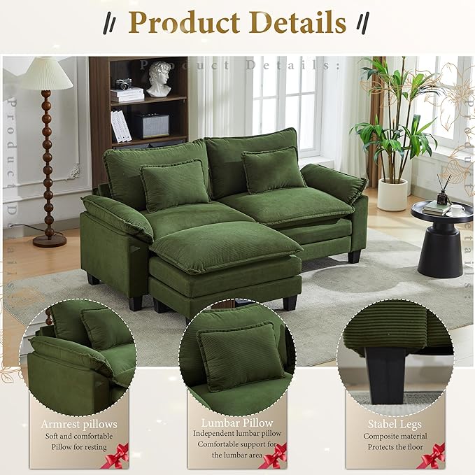 URRED Modular Sectional Sofa Comfy Cloud Couch, Modern Corduroy Sofa Sleeper Deep Seat Couches with Ottoman/Pillows for Living Room (Green, 82.6''- L Shape)