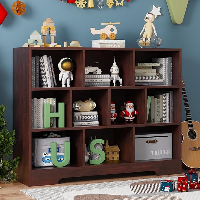Book Shelf, 10 Cubes Storage Organizer, 3-Tier Open Shelf Wooden Bookcase, Freestanding Cherry Bookshelf Cube Shelf for Bedroom, Living Room, Home Office