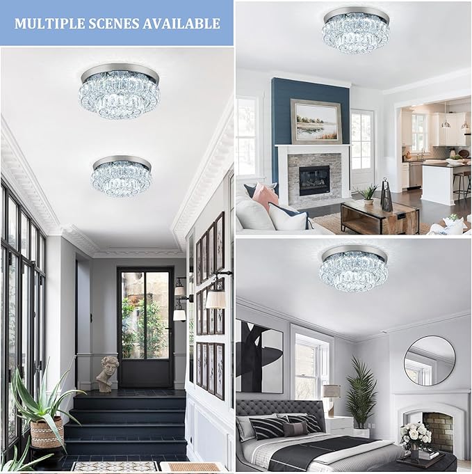 11.8" LED Chandelier 2-Layer Crystal Ceiling Light Fixture with Remote Control Flush Mount Chandelier Light for Hallway Bedroom Living Room Kitchen Foyer(dimmable)