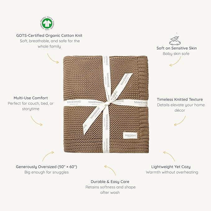 MakeMake Organics Organic Cotton Throw Blanket GOTS Certified Organic Knit Blanket Couch Bed Neutral Fall Colors Soft Cotton Throw Blanket Large (50x60, Brown)
