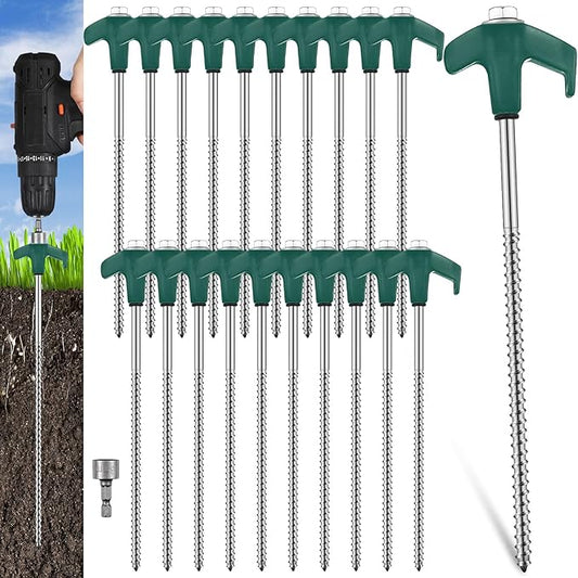 Hicarer 20 Pcs 20 Pcs 8'' Screw in Tent Stakes Heavy Duty Ground Metal Stakes for Inflatables with Hex Head Driver for Outdoor Camping Tent Inflatable Garden Decor (Dark Green)