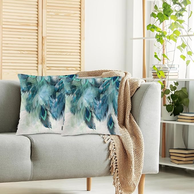 Swono Peacock Feather Throws Pillows Covers for Couch, Abstract Peacock Feathers Blue Decorative Pillow Cases for Men Women, Comfortable Pillow Cushion Cover Pack of 2 18"X18" for Home Sofa Bed