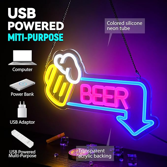 Beer Neon Signs Led Beer Neon Sign for Wall Decor Dimmable Bar Led Sign Neon Sign for Man Cave Bedroom Home Bar Shop Pub Bistro Party Game Room Decor Gifts