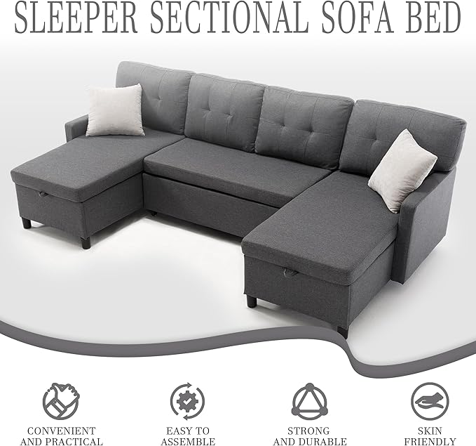 Pull Out Couch, Oversized Sleeper Sofa Couch, Sectional Sleeper Sofa Bed for Living Room Bedroom Lounge (Grey, 110 Inch)