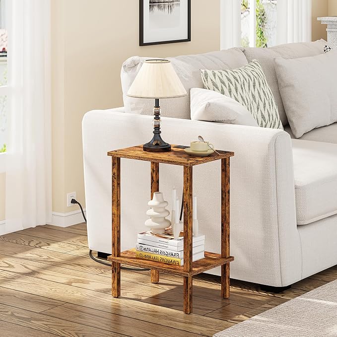 TUTOTAK End Table with Charging Station, Set of 2, Small Side Table with Outlets, Nightstand Bedside Table, 2-Tier Storage Shelf for Small Space, Living Room, Bedroom Brown TB01BB041C