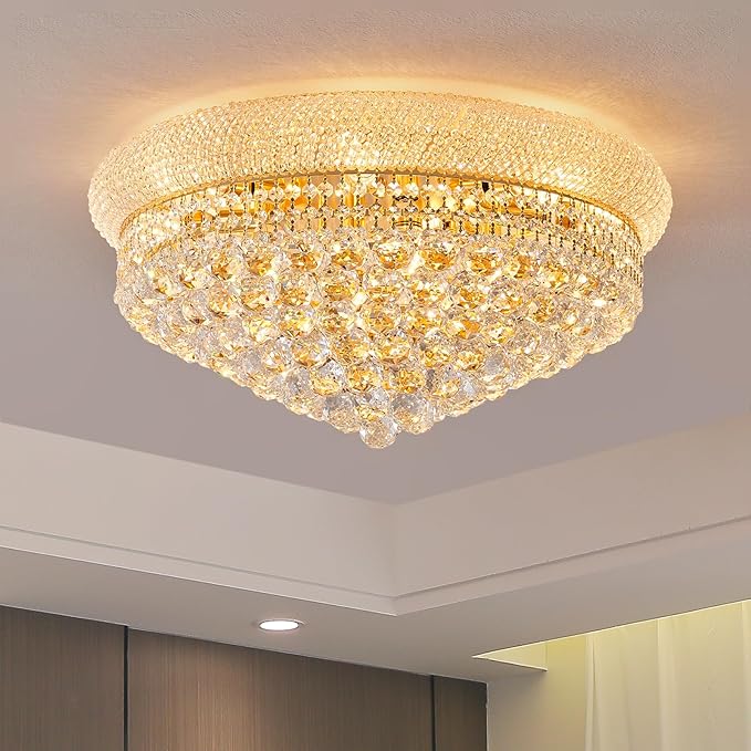 12-Light Crystal Flush Mount Chandelier Ceiling Light Fixture for Living Room Dining Room Bedroom Foyer Entryway Hallway Closet Bathroom (Gold D24)
