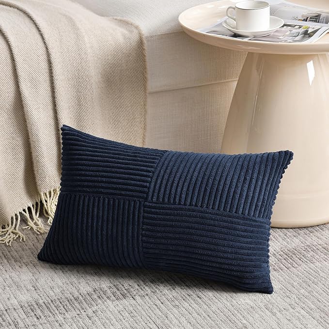 Fancy Homi 2 Packs Navy Blue Long Lumbar Decorative Throw Pillow Covers 12x24 Inch for Couch Bed Sofa, Rustic Farmhouse Boho Home Decor, Soft Striped Corduroy Rectangle Accent Cushion Case 30x60 cm