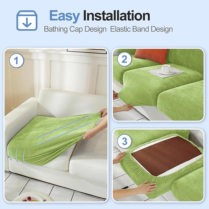 Couch Cushion Covers Individual Large Super Stretch Chenille (Softer Version) Sofa Cushion Covers, Couch Seat Covers Couch Slipcovers Furniture Protector (3PC, Green)