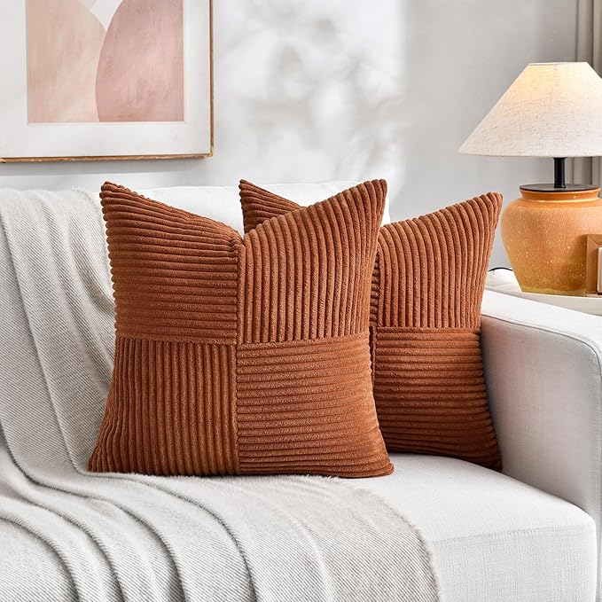 Fancy Homi 2 Packs Rust Samll Decorative Throw Pillow Covers 14x14 Inch with for Couch Bed, Rustic Farmhouse Boho Home Decor, Soft Corss Patchwork Corduroy Square Terracotta Cushion Case 35x35 cm